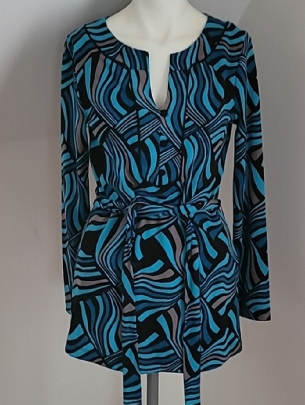 Dana Burkman Retro Long Sleeve Knit Tunik Top In Turqouis Black Gray. Size XS